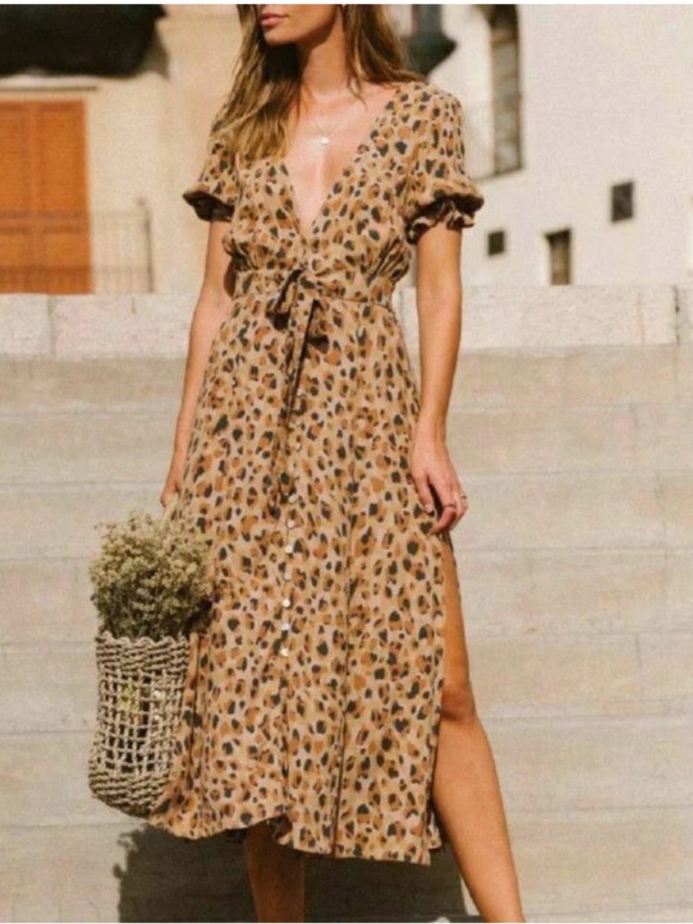 Kivari Tan Leopard-Print V-Neck Tie-Waist Midi Dress